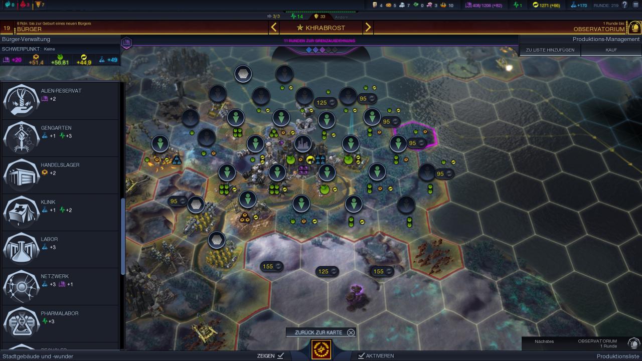 [21/10/2014] Civilization: Beyond Earth - Das Stadtverwaltungs-Menü wurde im Vergleich zu Civilization 5 deutlich entschlackt und entrümpelt. Unsere bereits errichteten Gebäude sehen wir in der Leiste links übersichtlich dargestellt.