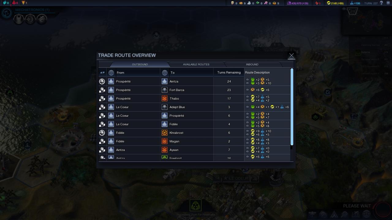 [21/10/2014] Civilization: Beyond Earth - Das Handelskonvoi-Übersichtsmenü. Die Spalte rechts gibt an, dass hier gerade riesige Mengen an Energie, Produktion und Forschung erwirtschaftet werden, was uns zugutekommt.