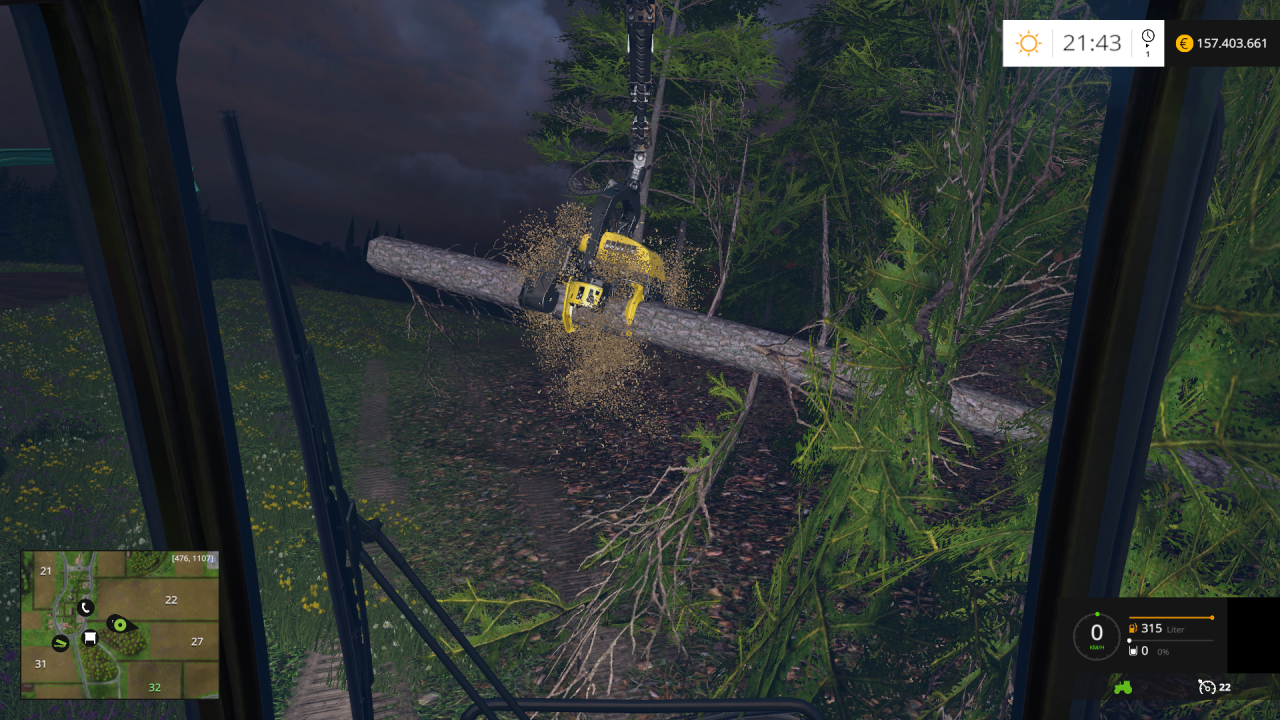 [29/10/2014] Landwirtschafts-Simulator 15: Mit dem Harvester zerlegt ihr in Sekundenschnelle ganze Bäume in handliche Stamm-Abschnitte. Cooles Feature, jedoch fummelig zu bedienen.