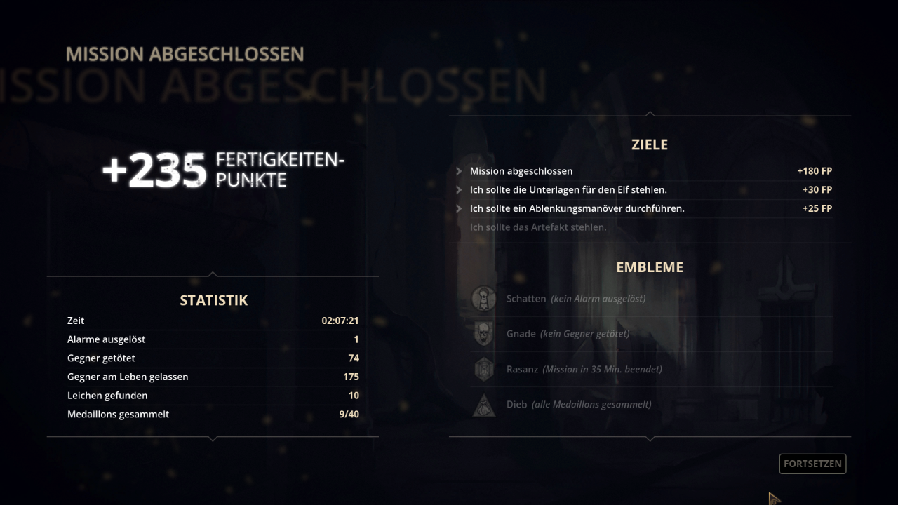 [09/10/2014] Styx: Master of Shadows - Da geht noch was: Anhand der Statistik am Ende einer Mission erkennen wir, dass wir in Sachen Achievements (Embleme) nicht gerade geglänzt haben. Zum Glück lassen sich abgeschlossene Missionen wiederholen, um das Ergebnis zu verbessern.