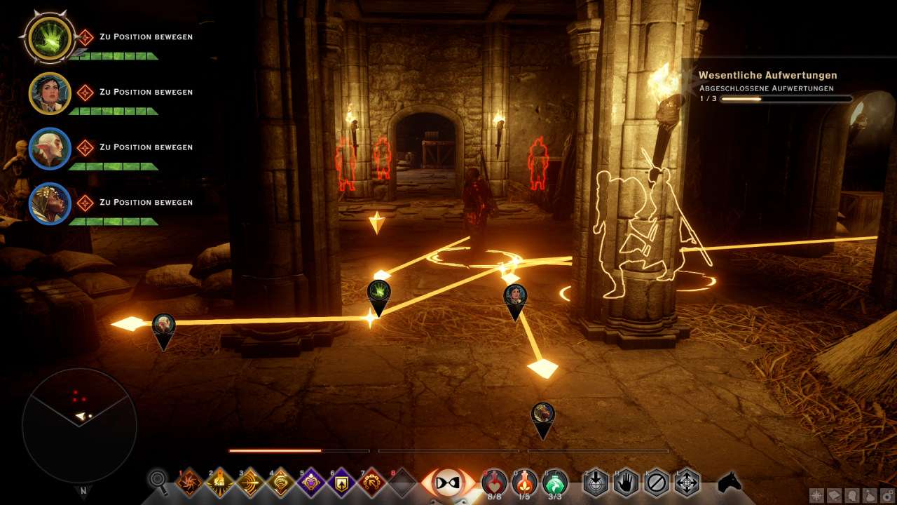 [10/11/2014] Dragon Age: Inquisition im Test - Mithilfe der Taktik-Kamera könnt ihr eure Charaktere individuell befehligen und steuern. Das klappt bis auf die mitunter fummelige Kamera ganz gut mit Maus und Tastatur.
