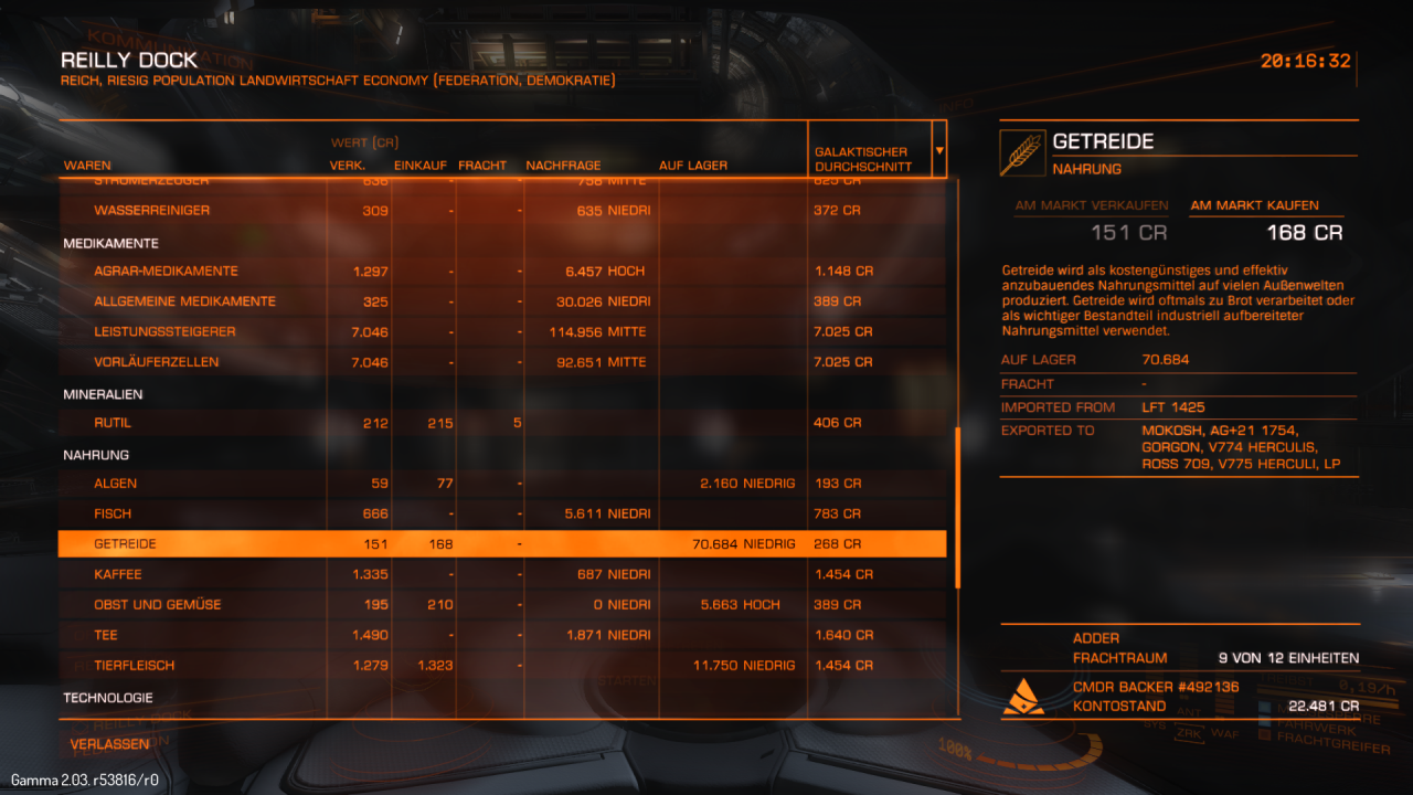[14/12/2014] Elite: Dangerous - Der Handelsbildschirm bietet zwar Infos zu Angebot und Nachfrage, doch fehlt leider die Möglichkeit, Preise abzuspeichern.