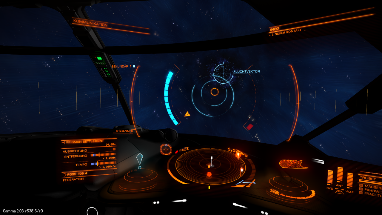 [14/12/2014] Elite: Dangerous - Wer keine Lust aufs Kämpfen hat, kann bei einem Abfangmanöver versuchen, per angezeigtem Fluchtvektor zu entkommen.