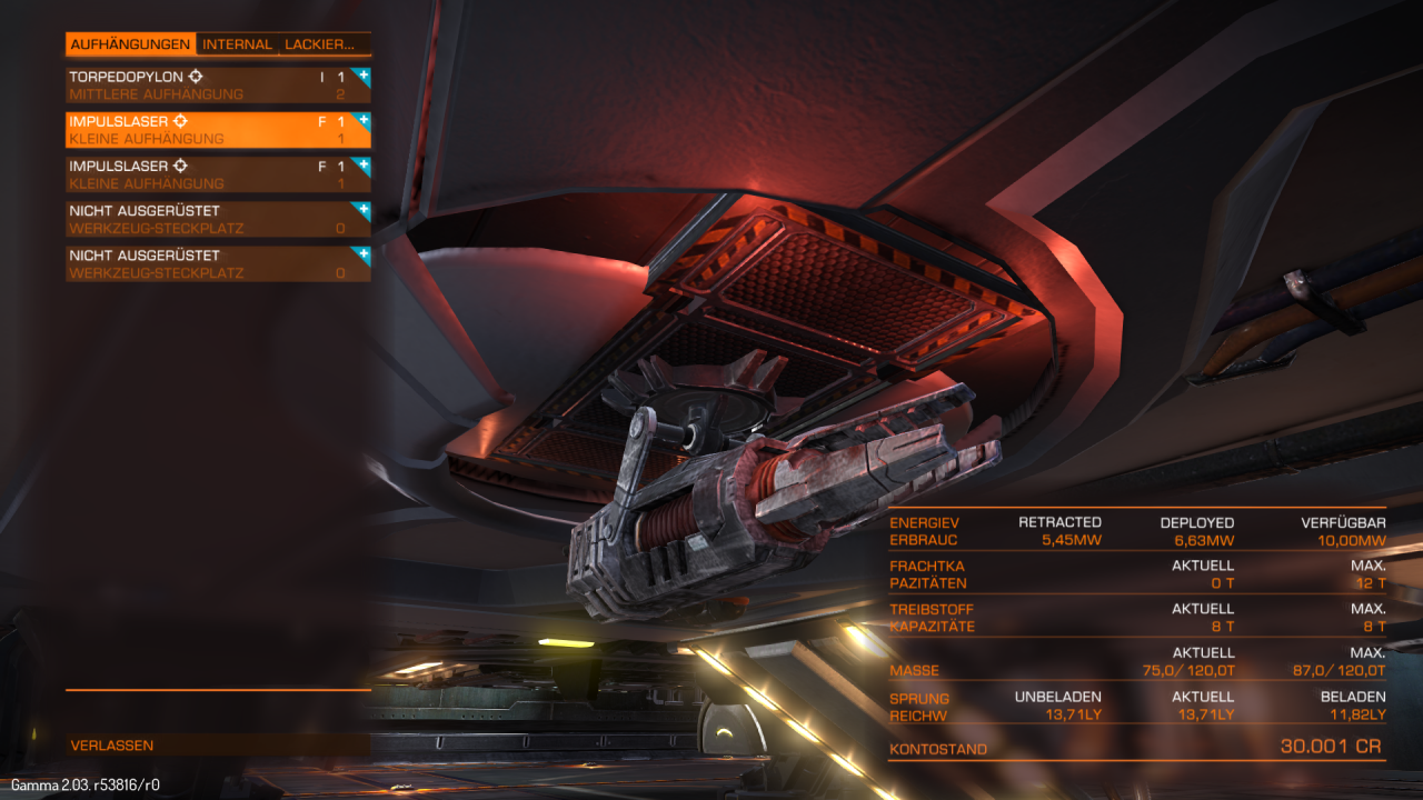 [14/12/2014] Elite: Dangerous - Detailansicht einer Waffenbucht im Ausrüstungsdock. Leider gibt es während eines Fluges keine Möglichkeit, sich sein Schiff von außen zu betrachten.