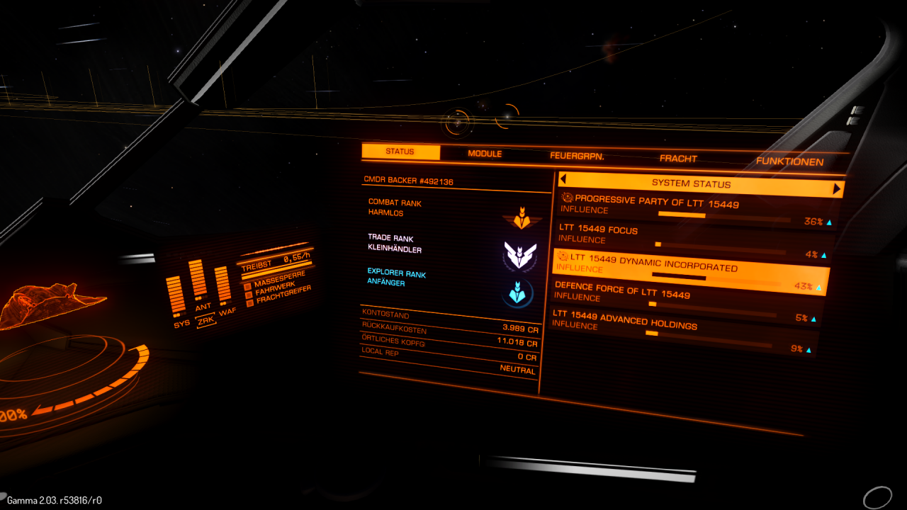 [14/12/2014] Elite: Dangerous - Die seitlich angebrachten Menütafeln lassen sich etwas fummelig bedienen, während das Schiff munter geradeaus weiterfliegt.