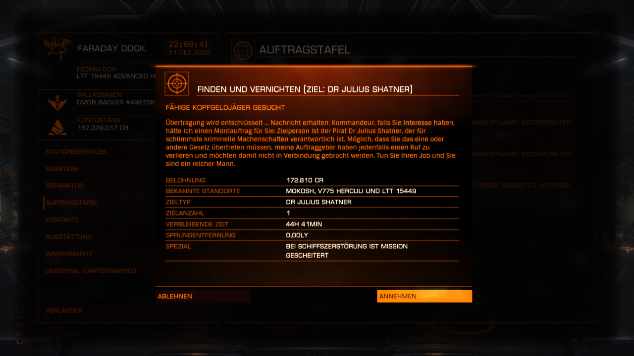 [21/12/2014] Elite: Dangerous - Für gezielte Kopfgeldjagden müsst ihr mitunter viel Zeit einplanen.