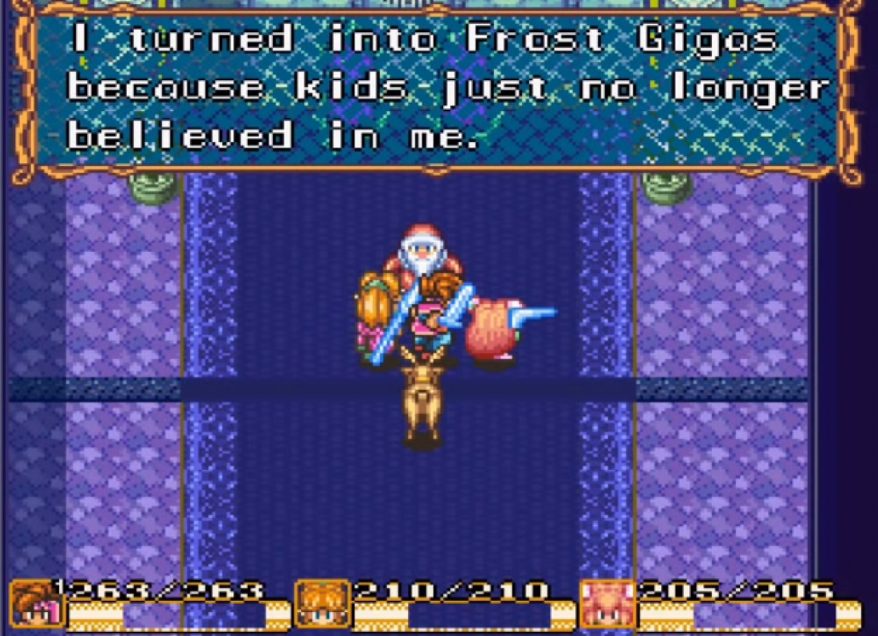 [18/12/2014] In Secret of Mana müssen wir einen Boss im EIspalast bekämpfen. Erst nachdem wir ihn besiegt haben, stellt sich heraus, dass es sich die ganze Zeit um Santa Claus gehandelt hat.
