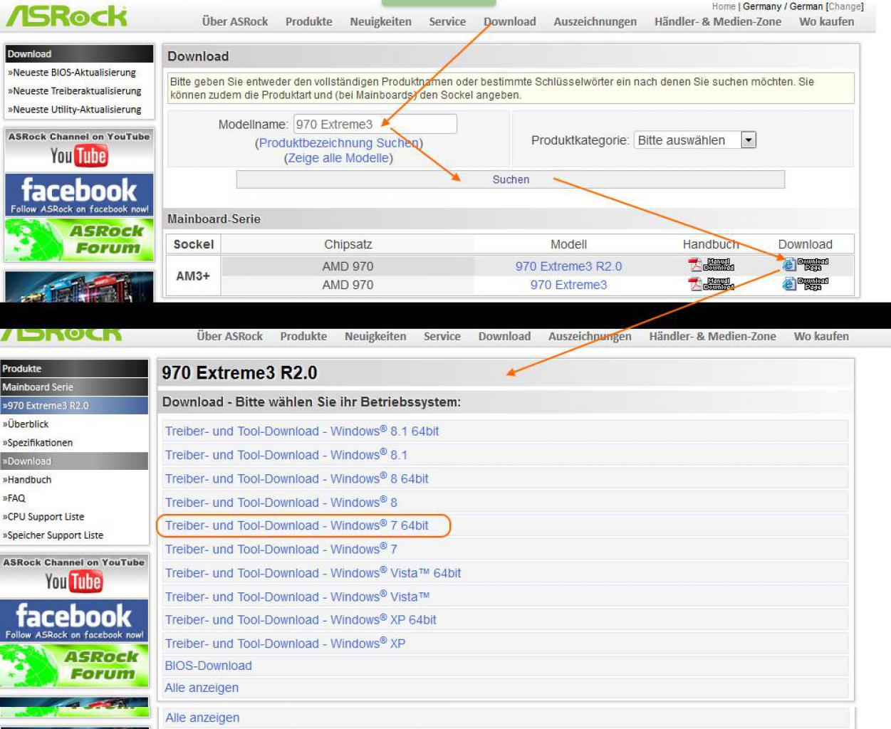 [08/01/2015] Modellsuche ASRock 970 Extreme3 R2.0 auf der ASRock-Website in zwei Schritten
