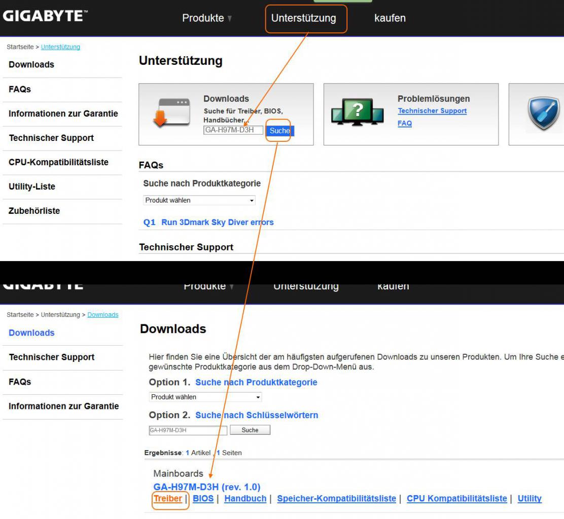 [08/01/2015] Modellsuche Gigabyte GA-H97M-D3H am Beispiel der Gigabyte-Website in zwei Schritten