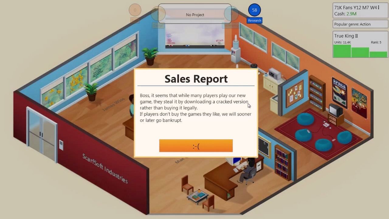 [14/01/2015] Game Dev Tycoon - Blöd, wenn das eigene Spiel zwar von allen gespielt, aber raubkopiert wird. Indie-Entwickler Greenheart Games ließ sich die perfekte Gelegenheit nicht entgehen: In der Videospielentwickler-Sim Game Dev Tycoon gehen die Studios der Spieler aufgrund von Raubkopieren pleite..