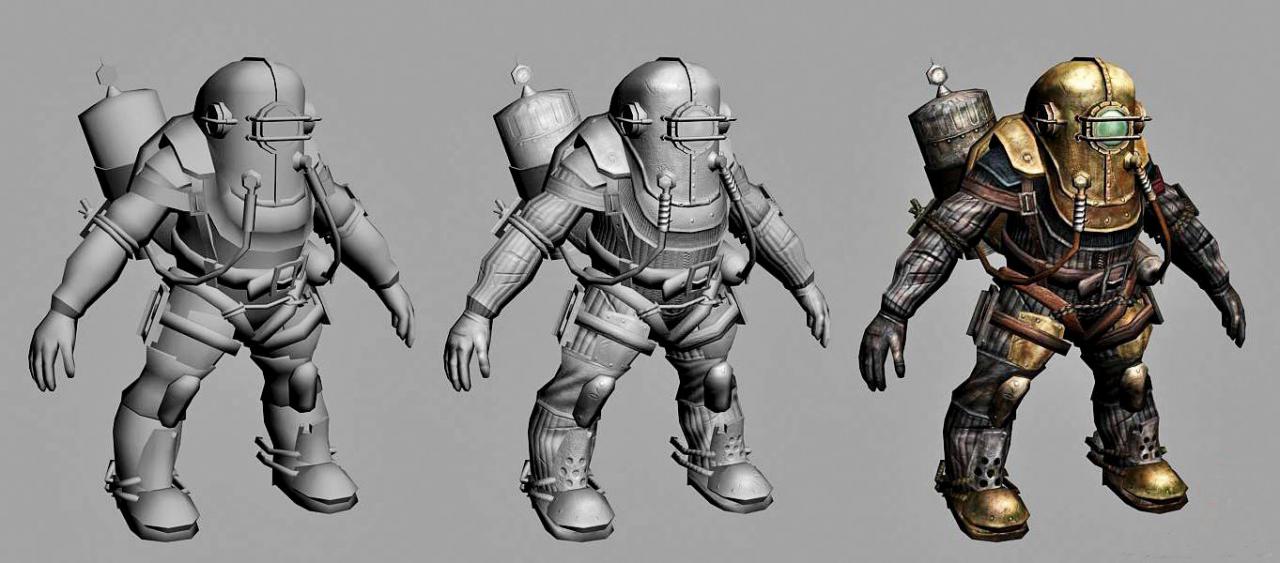 [27/01/2015] Trickreiche Technik: Schattierte Texturen lassen den Big Daddy aus Bioshock weitaus runder erscheinen, als er es in Wahrheit ist.