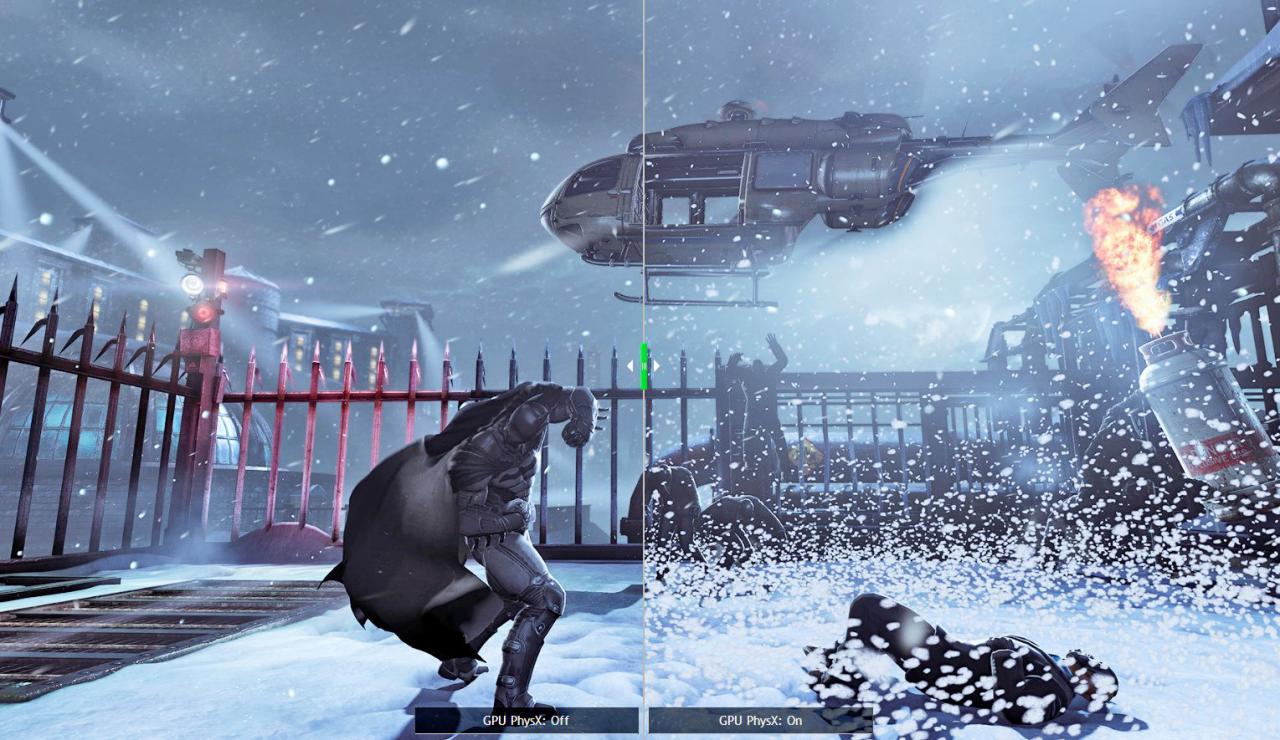 [27/01/2015] Spiele, die Nvidias PhysX-Funktionen unterstützen, bieten optimierte und erweiterte Physikeffekte. In Batman: Arkham Origins fliegen dann deutlich mehr Partikel durch die Gegend (rechte Bildhälfte).