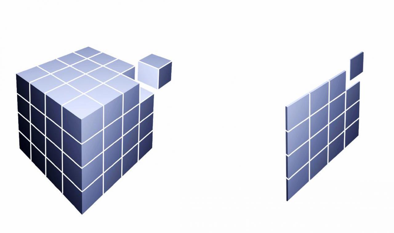 [27/01/2015] Ein vereinfachtes Schaubild: Voxel (links) werden in einem dreidimensionalen Gitter angeordnet, Pixel hingegen als Rastergrafik (rechts).