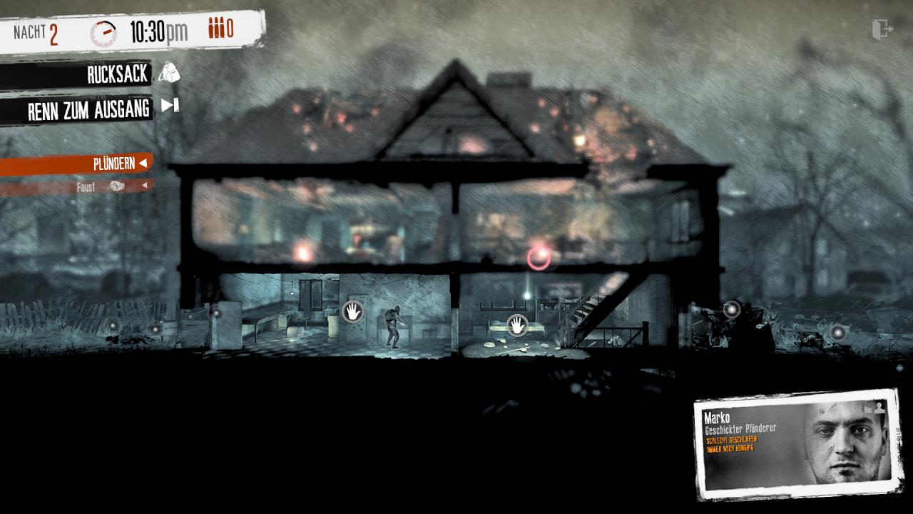 [12/01/2015] This War of Mine - Tagsüber müsst ihr eure Überlebenden koordinieren, damit sie ihre Aufgaben erfüllen und fit bleiben, nachts müsst ihr einen Auserwählten unter Zeitdruck zum Plündern schicken. Zeit habt ihr jedoch nur so lange, bis die Sonne aufgeht...
