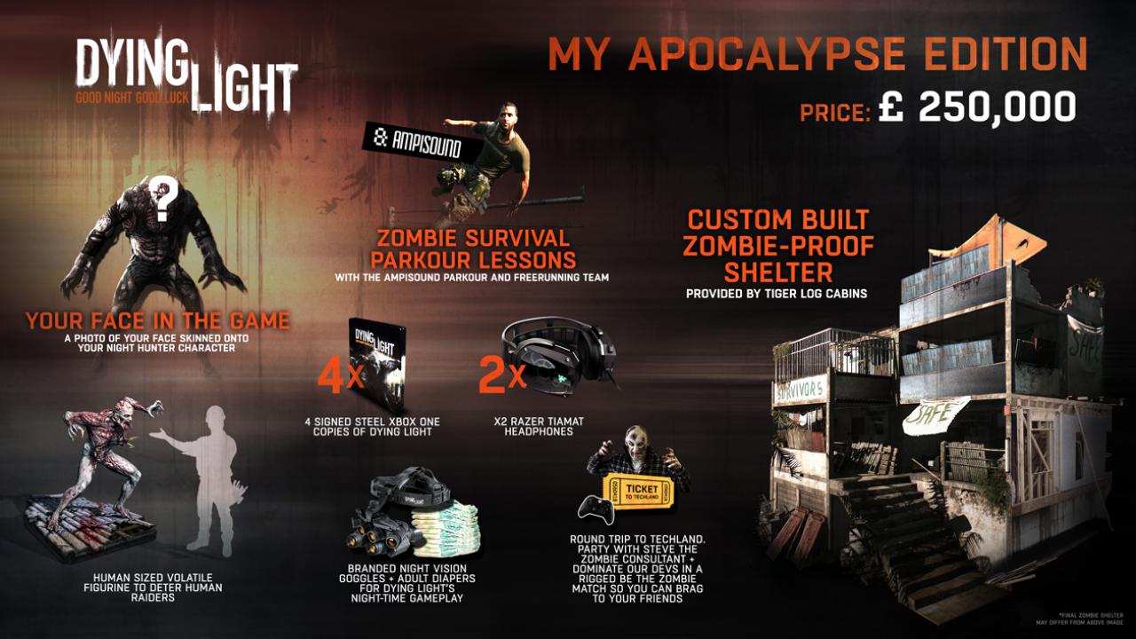 [25/02/2015] Dying Light: My Apocalypse Edition - Wer eine zombie-sichere Behausung benötigte und zufällig 250.000 Britische Pfund (340.000 Euro) in seinem Sparschwein herumliegen hatte, freute sich bestimmt über die Apocalypse Edition zum Zombie-Shooter. Special Editions werden nur selten mit Häusern verkauft - oder auch gar nicht, denn Informationen zum Verkauf dieses Einzelstücks gibt es nicht.