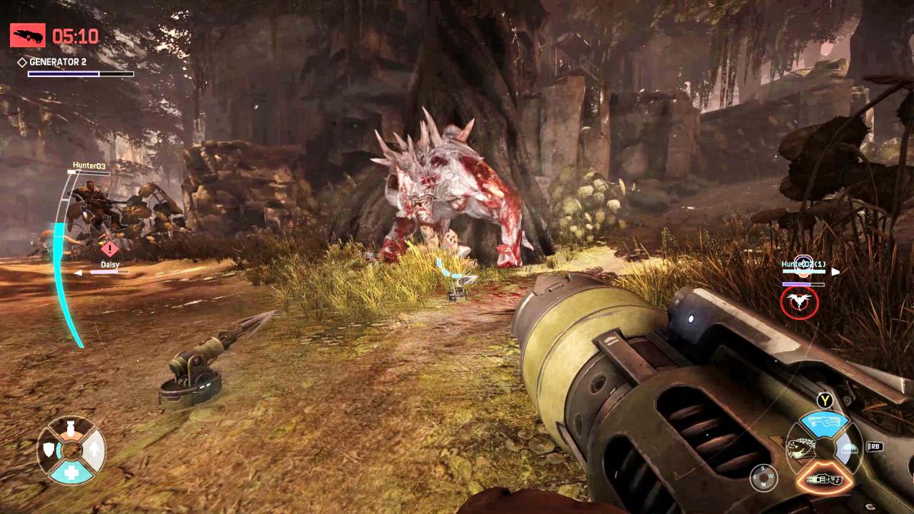 [06/02/2015] Walfang: Fallenstellerin Maggie kann mit ihrem Harpunengewehr die Mobilität des Monsters eingrenzen. Ihr Kollege Abe verwendet dafür Stasis-Granaten.