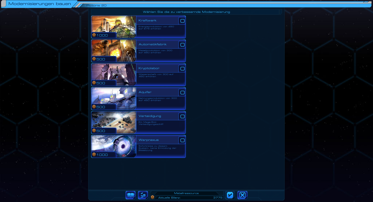 [23/02/2015] Sid Meier's Starships - Planeten könnt ihr mit verschiedenen Modernisierungen versehen. Ob es noch mehr als die sechs in der Demo-Version enthaltenen Upgrades geben wird, ist uns nicht bekannt.
