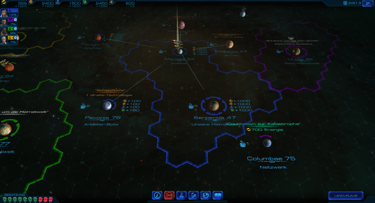 [23/02/2015] Sid Meier's Starships - Die blauen Ringsegmente um einen Planeten symbolisieren euren dortigen Einfluss. Wer alle vier Segmente für sich beansprucht, kontrolliert die entsprechende Region.