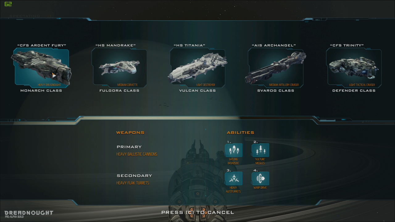 [13/03/2015] Dreadnought: Vor dem Kampf entscheidet ihr euch für eine von fünf spielbaren Klassen. In jeder Klasse schaltet ihr im Spielverlauf weitere Schiffsvarianten frei. Die Raumschiffe lassen sich zudem individuell konfigurieren.