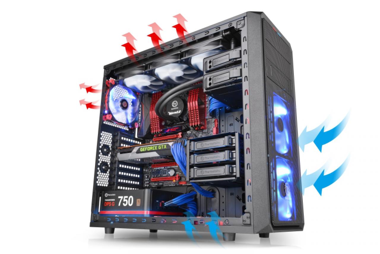[24/03/2015] Luftströme am Beispiel eines Thermaltake Versa H35, falls man dabei alle Lüfterplätze belegt.