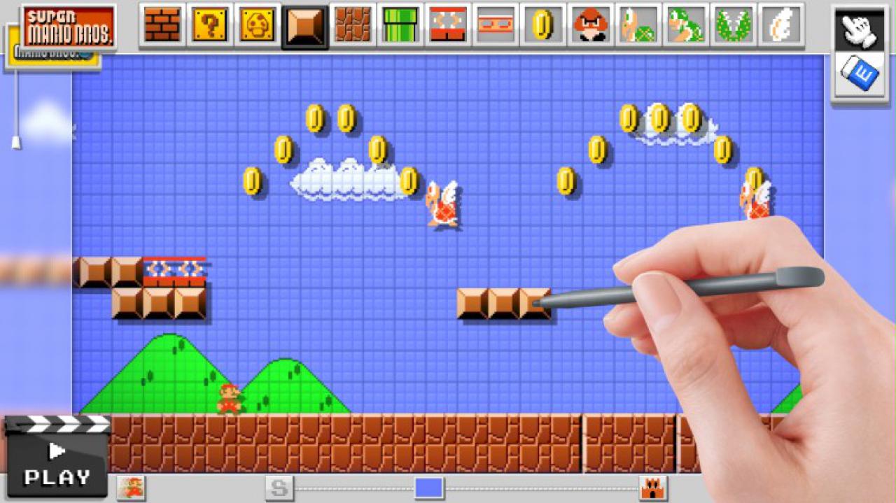 [02/04/2015] Mario Maker im Test: Die Hand ist im Grunde ein optisches Gimmick, da sie nur auf dem Fernsehbildschirm zu sehen ist. Im Bau-Modus schaut ihr ausschließlich nur auf das Touchpad.