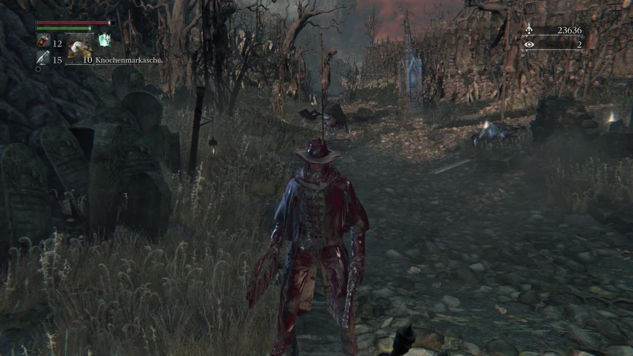 [24/04/2015] Schloss Cainhurst in Bloodborne finden - An dieser Säule im Hintergrund triggert ihr die Kutsche nach Cainhurst, sofern ihr die Cainhurst-Vorladung dabei habt.