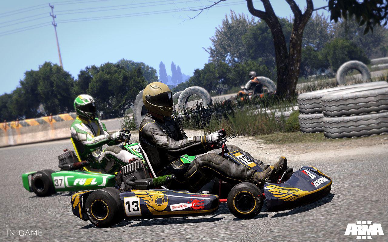 [23/04/2015] Der Krieg kann warten. Im schrägen Kart-DLC für Arma 3 müssen Online-Soldaten ihr Talent als Kartfahrer beweisen.