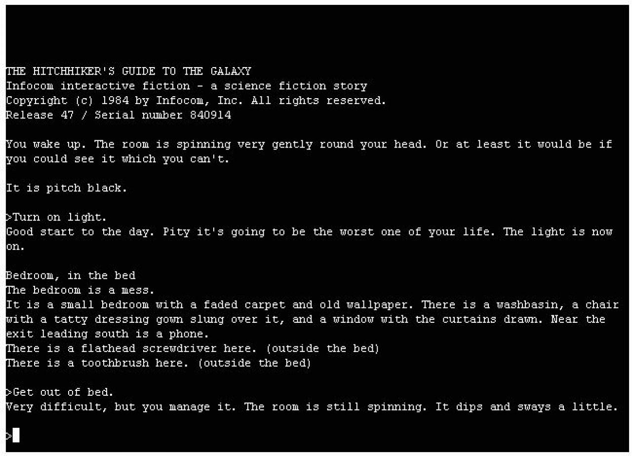 [01/04/2015] Textmonster: Frühe Adventures wie The Hitchhiker's Guide to the Galaxy waren ganz schön schwere Brocken, da man hier die Rätsel ausschließlich via Texteingabe und in seiner Fantasie löste.