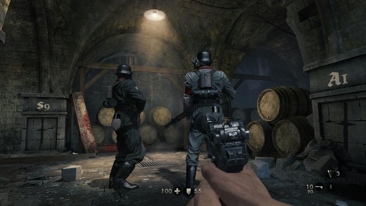 [08/05/2015] Das Schleichen ist teilweise immer noch ein wenig zu leicht. Immerhin ist das Gegneraufkommen in The Old Blood höher als im Hauptspiel. Einer der Herren hier ist übrigens der im Text erwähnte Grammar Nazi. (PC)
