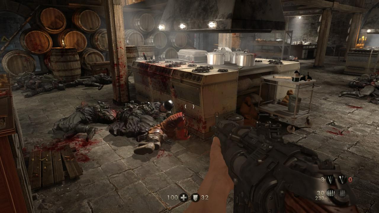 [08/05/2015] Der Gewaltgrad ist wie erwähnt auch in The Old Blood äußerst hoch. Durch diesen Raum wollten wir uns übrigens eigentlich schleichen. (PS4)