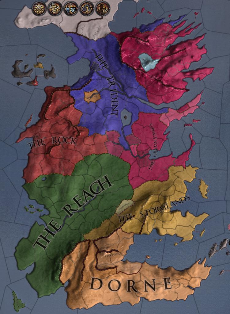 [21/05/2015] Nach Robert Baratheons gescheiterter Rebellion zerfällt Westeros in mehrere Königreiche (Crusader Kings 2: A Game of Thrones).
