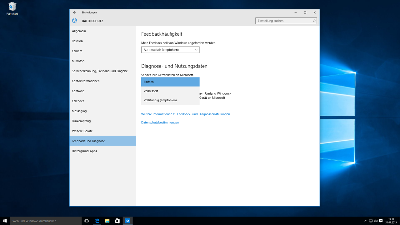 [31/07/2015] Übertragung der Telemetrie-Daten in Windows 10 Home und Pro ausschalten - so geht's