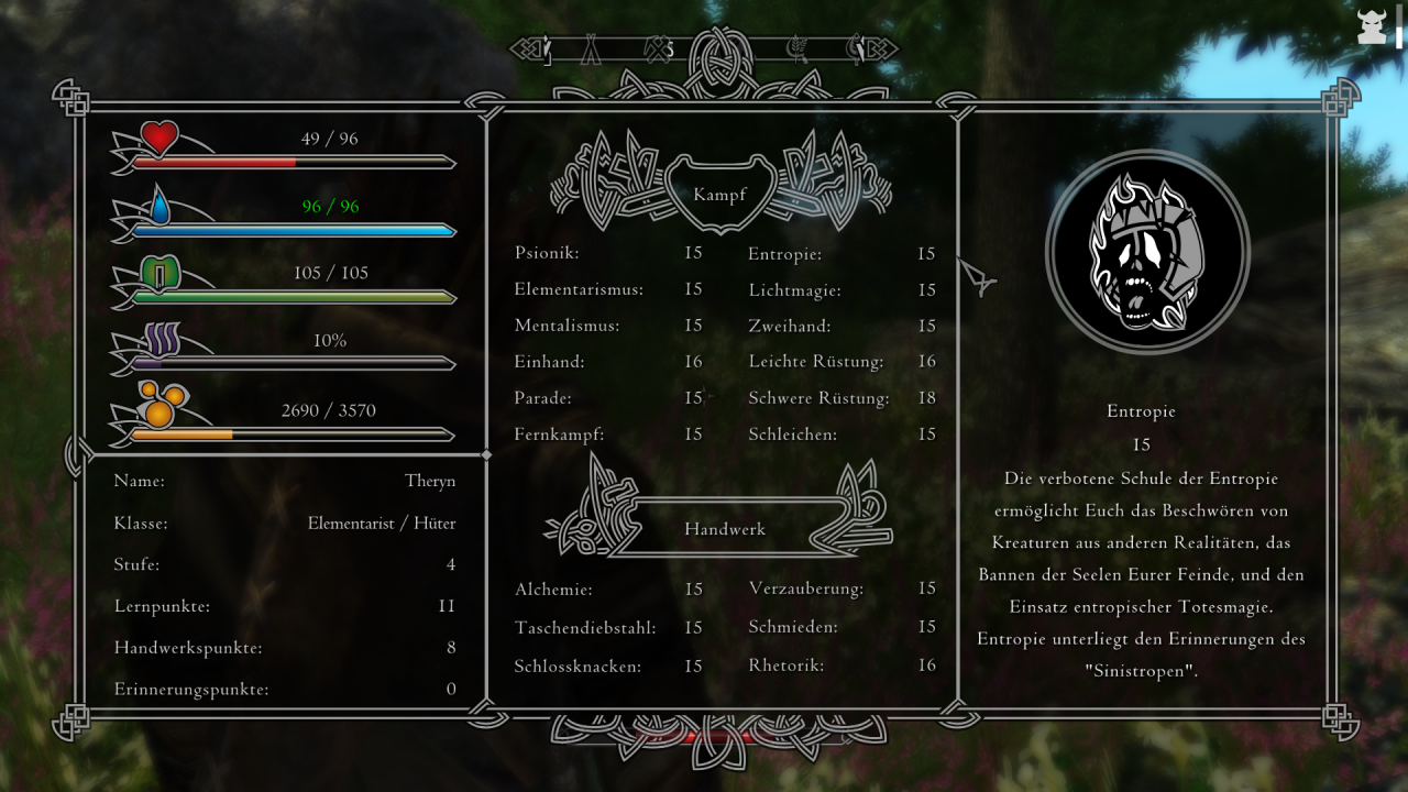 [14/08/2015] Enderal bietet ein komplett eigenständiges Rollenspielsystem. So schaut der Charakterbildschirm aktuell aus.