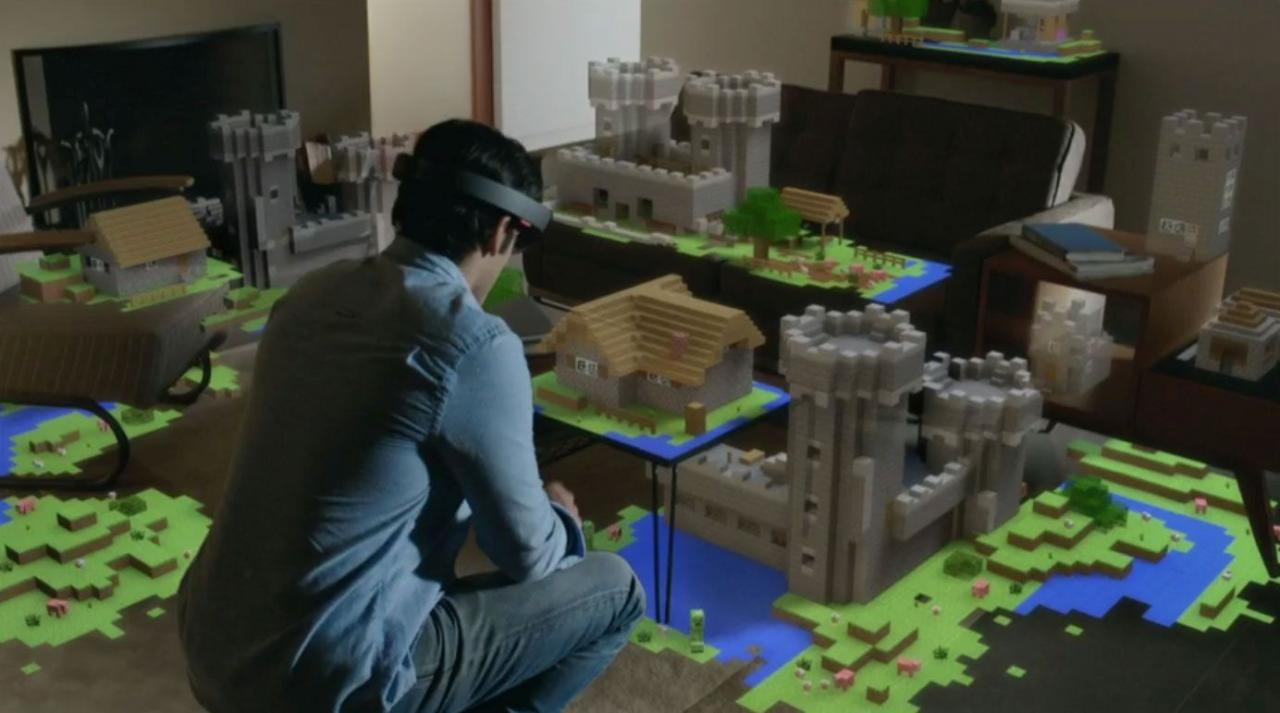 [03/08/2015] E3-Sensation: Minecraft sieht auf Hololens zweifellos beeindruckend aus, aber ob das Aufbauspiel auch in der Augmented-Reality-Fassung Spaß macht, bleibt abzuwarten.