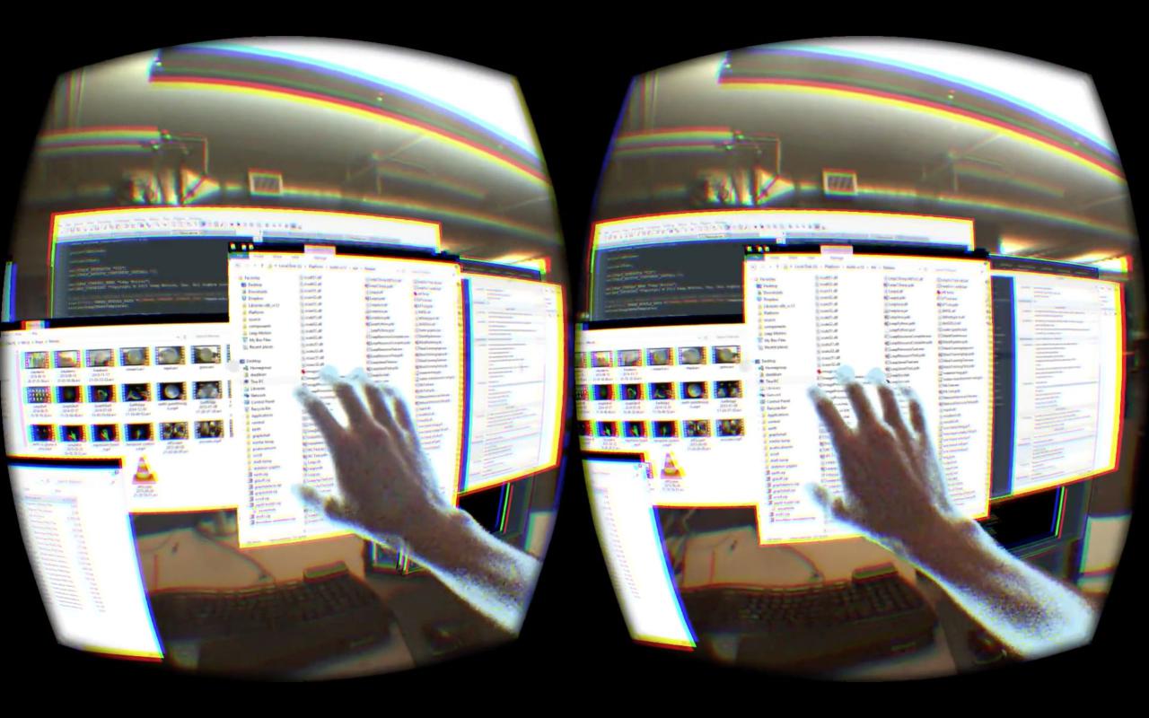 [03/08/2015] Arbeitsplatz der Zukunft? Der kürzlich präsentierte Augmented-Reality-Desktop von Leap Motion zeigt, wie Büros eines Tages aussehen könnten.