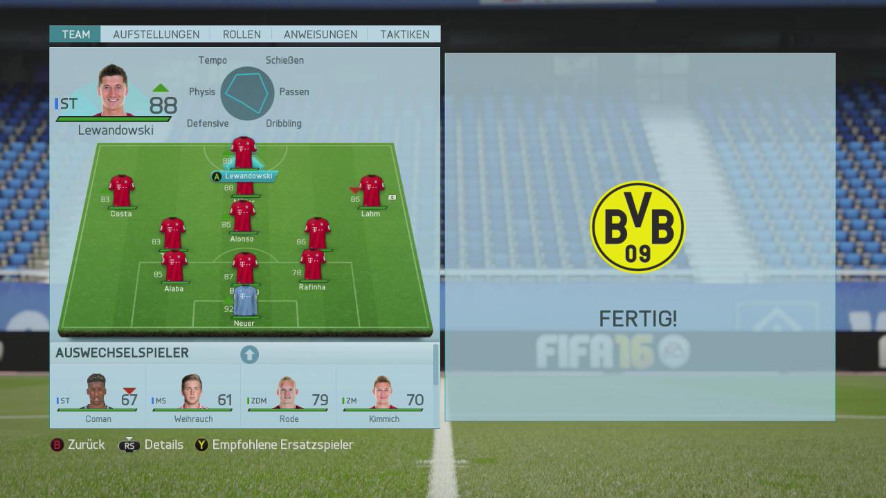 [23/09/2015] In den Team-Einstellungen nehmt ihr Änderungen an der Aufstellung, Taktik und den Rollen in FIFA 16 vor.