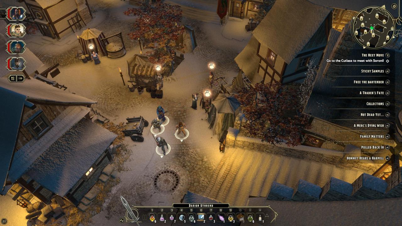 [30/10/2015] Sword Coast Legends: Im verschneiten Städtchen Luskan kauft die Heldengruppe auf dem Marktplatz wichtige Ausrüstung ein.