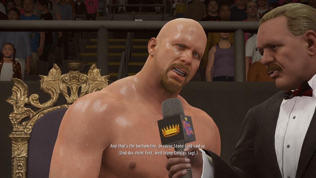[30/10/2015] Der Showcase-Modus startet mit dem King-of-the-Ring-Finale 1996 und lässt euch sämtliche ikonischen Szenen der Karriere von Stone Cold Steve Austin erleben.