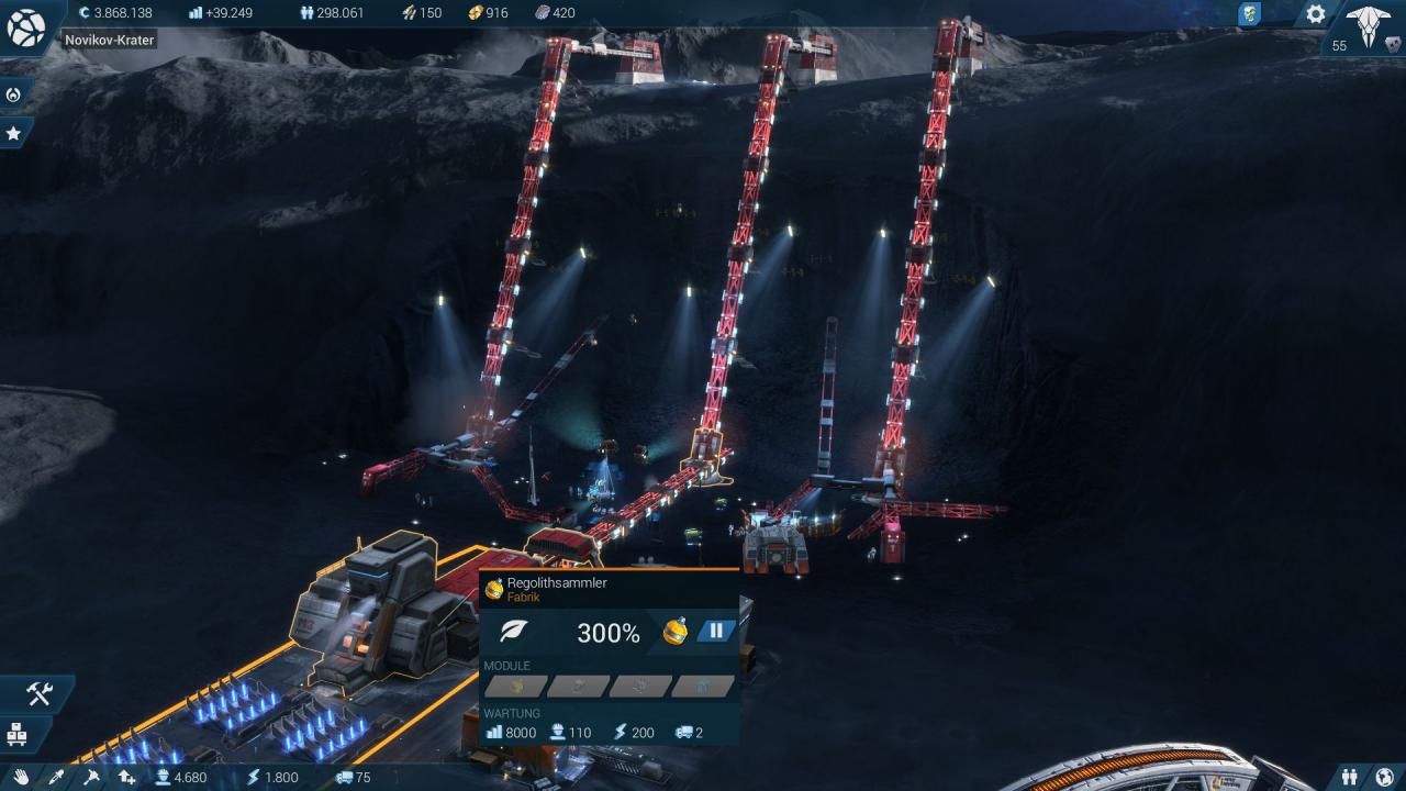 [02/11/2015] Anno 2205: Produktionsgebäude auf dem Mond erfordern wirtschaftliches Geschick, denn die laufenden Unterhaltskosten auf dem Erd-Trabanten fallen hoch aus.