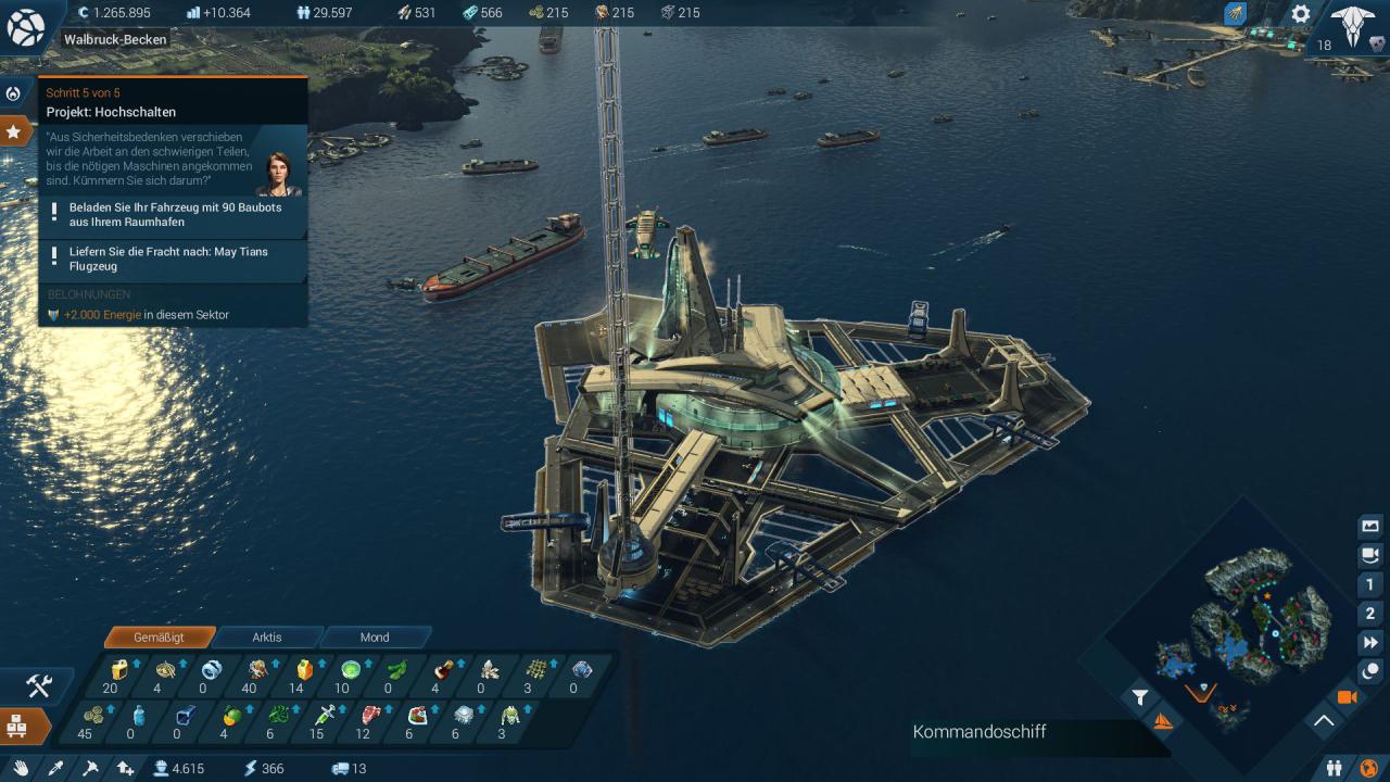 [04/11/2015] Zu den ersten Projekten in Anno 2205 zählt es, den Raumhafen auszubauen, um den Transfer zum Mond zu ermöglichen.