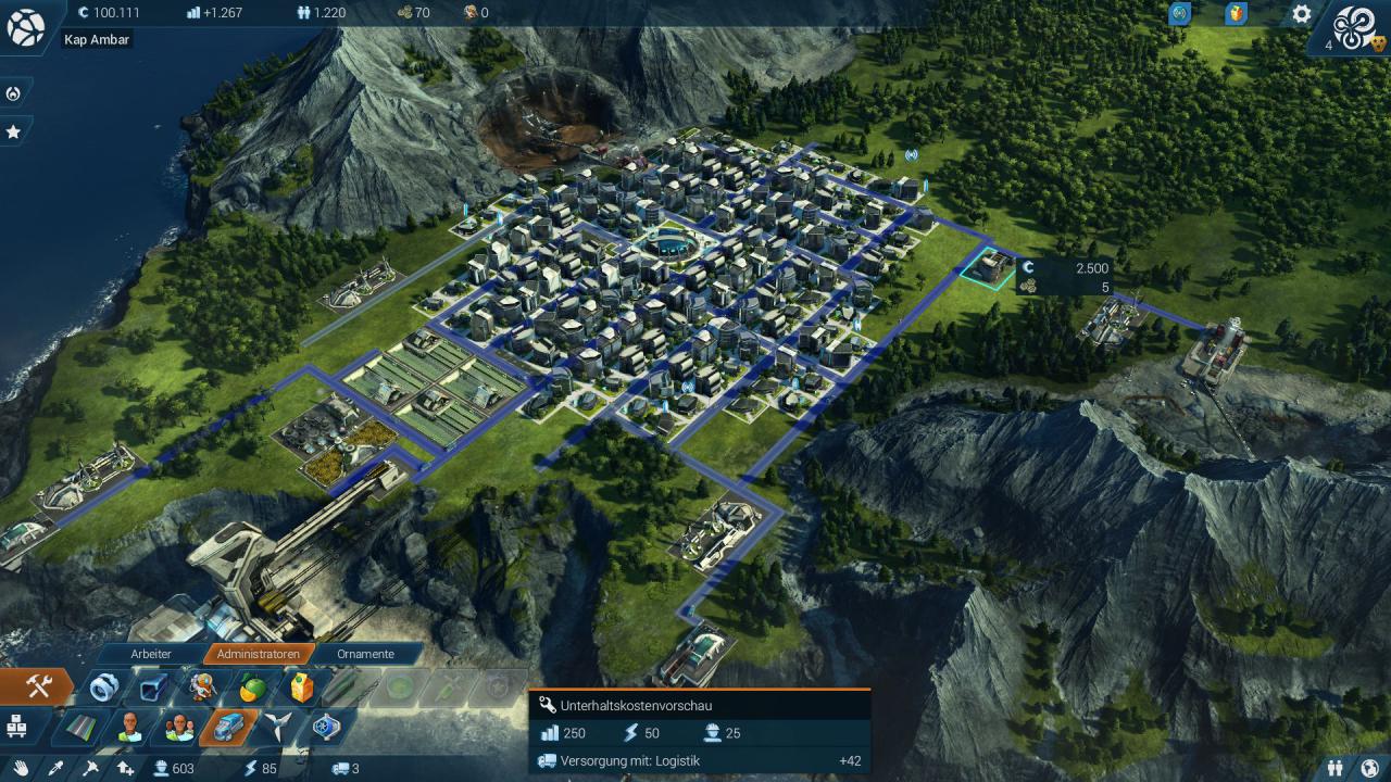 [09/11/2015] Anno 2205: Bevor ihr ein Logistikgebäude platziert, prüft anhand der Infobox am unteren Bildschirmrand, wie hoch der effektive Punktegewinn ist.