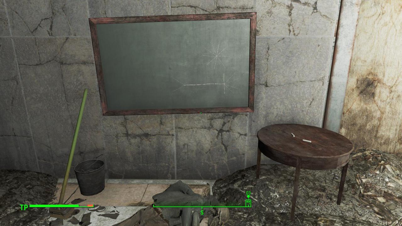 [17/11/2015] Beim Schauplatz Boston darf natürlich das weltberühmte Massachusetts Institute of Technology (MIT) nicht fehlen, das in der Fallout-Welt den Namen Commonwealth Institute of Technology trägt. In den Ruinen des CIT findet ihr dann dieses Szenario vor, das eine Homage an den Film Good Will Hunting darstellt. Darin arbeitet der von Matt Damon gespielte Will Hunting als Reinigungskraft (der Mob links) am MIT und löst bei seiner Arbeit auf den Fluren der Uni die auf Tafeln geschriebenen komplizierten Aufgaben für Studenten.