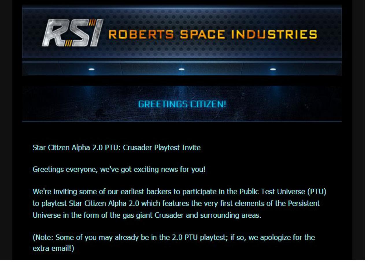 [03/12/2015] Groß ist die Freude, als die Einladung zur Teilnahme an der Alpha-Version 2.0 zu Star Citizen eintrifft.