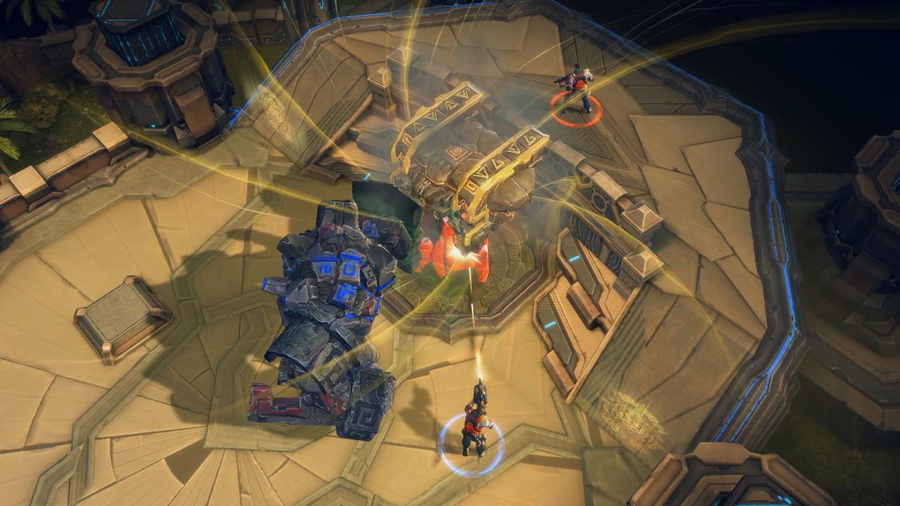 [27/01/2016] Auf der Karte Titanenruinen in MXM geht's MOBA-typisch darum, die Basis der Gegner auseinander zu nehmen.
