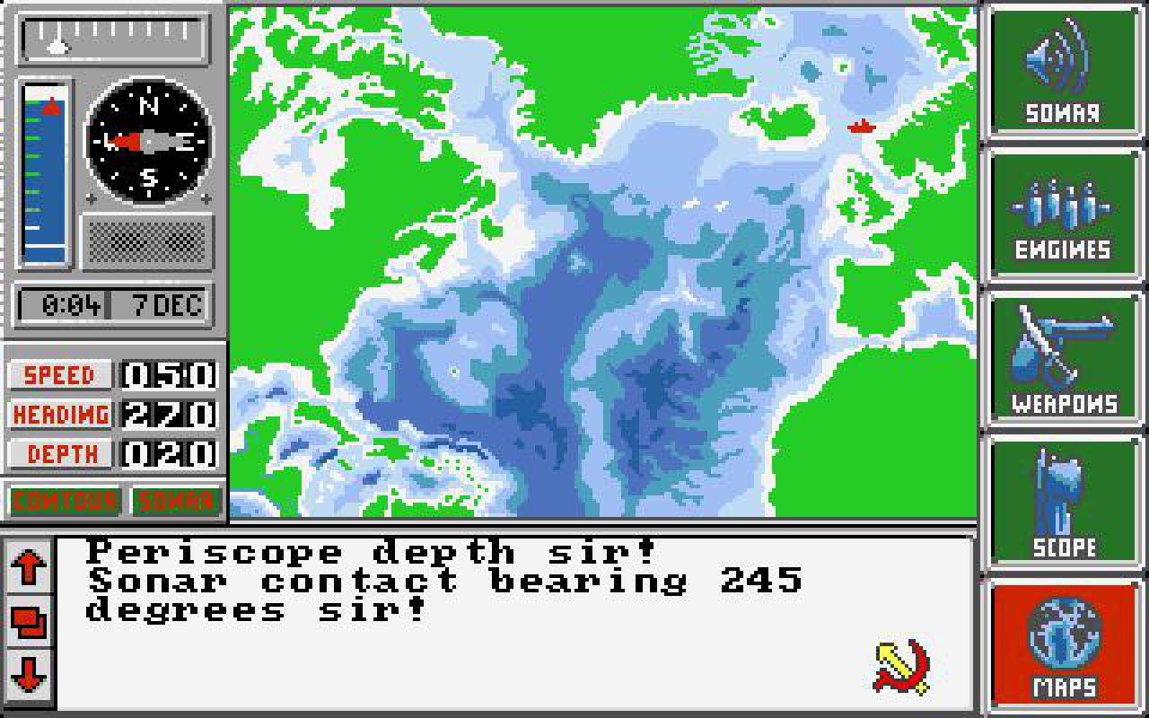 [18/01/2016] Ende der 80er: Erste Spiele zu Tom Clancys Büchern erscheinen. Jagd auf Roter Oktober (hier im Bild), SSN und Red Storm Rising sind U-Boot-Sims mit rudimentärer Grafik.