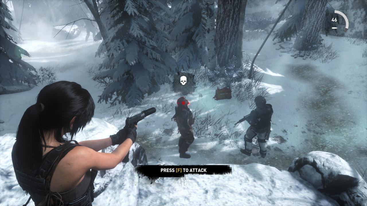 [29/01/2016] Eine alltägliche Situation in Rise of the Tomb Raider: aus der Deckung oder von erhöhter Position aus die Köpfe der Gegner ins Visier nehmen, ohne dass es einer merkt.