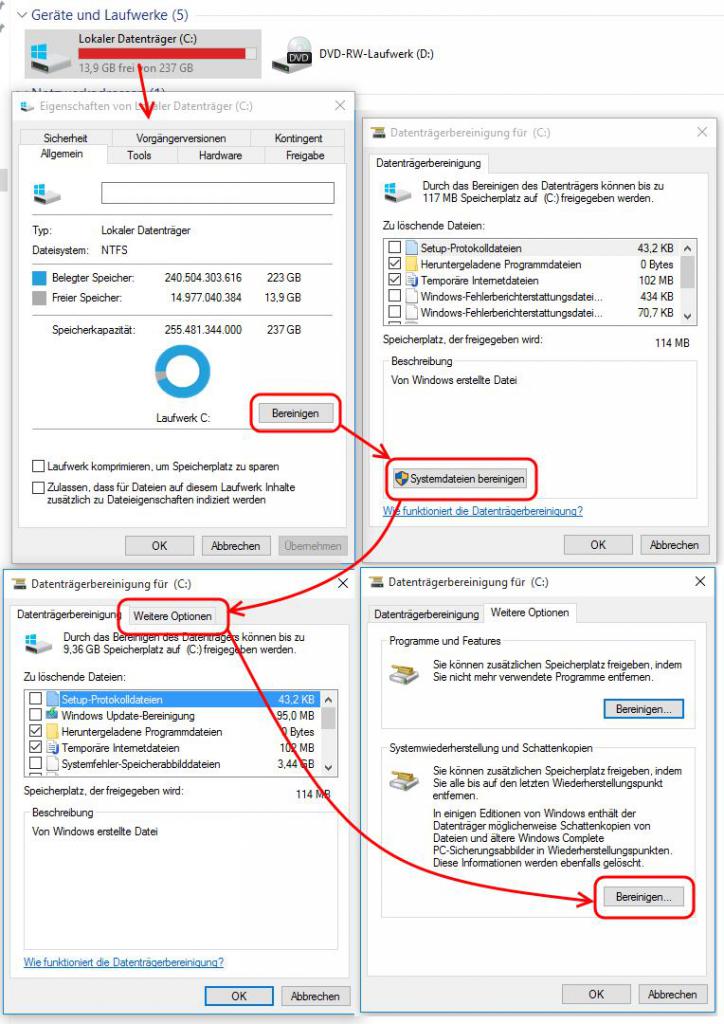 [12/02/2016] Systempartition bereinigen: Collage der vier wichtigsten Schritte