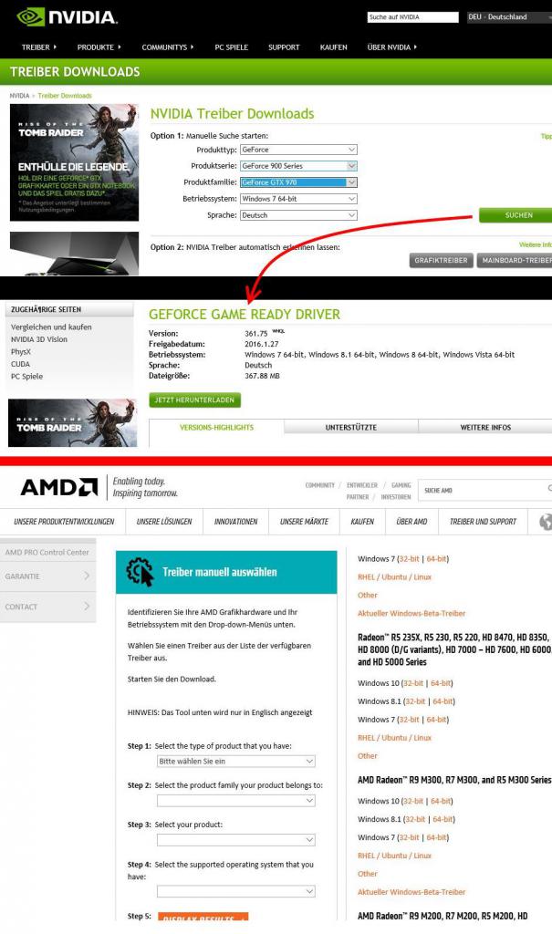 [12/02/2016] Die manuellen Downloadoptionen für die Grafikkartentreiber vauf den Websites von Nvdia und AMD.