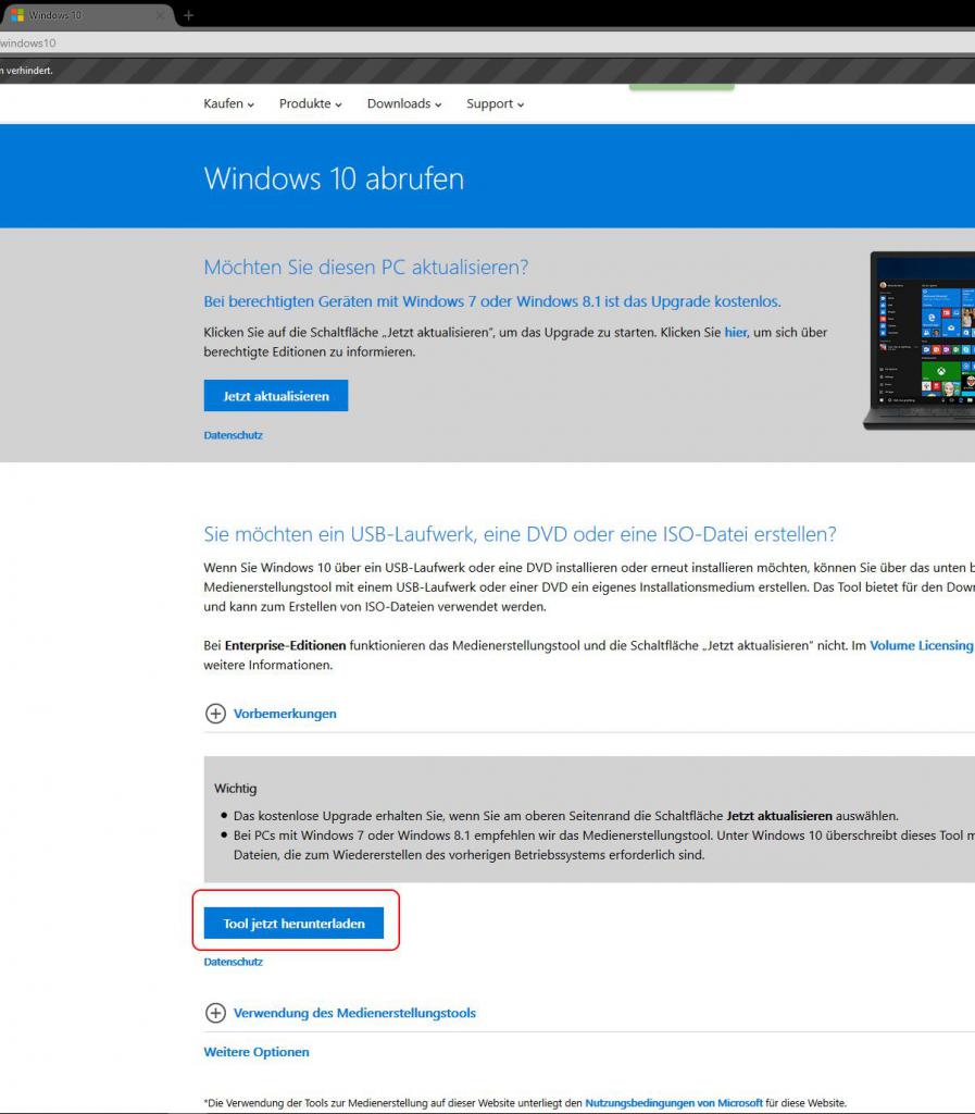 [12/02/2016] Bei Microsoft könnt ihr ein Tool zur Erstellung des Windows 10 Setups herunterladen (rot markiert)