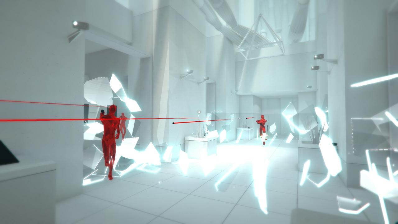 [25/02/2016] Auch technisch beeindruckend: Glassplitter und visuell dargestellte Flugbahnen der Geschosse in Superhot.